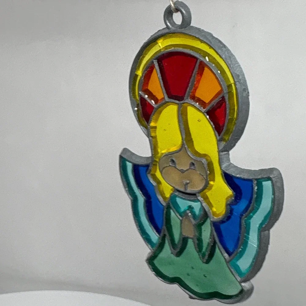 1980s Faux Stained Glass Angel Ornament Suncatcher Praying Christmas Decor